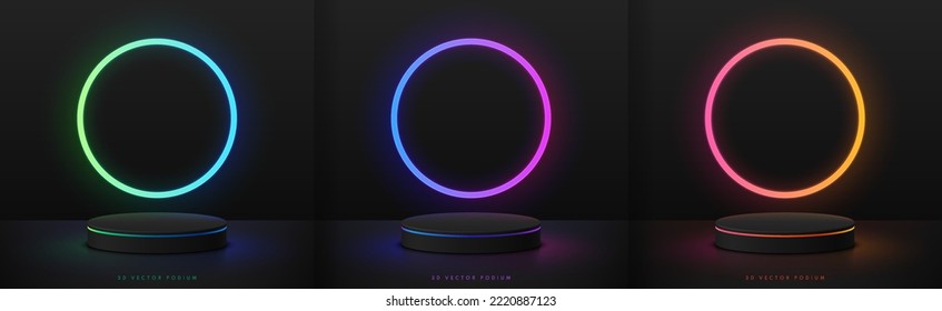 Set of realistic black 3D cylinder pedestal podium with red, green, blue, yellow glowing circle neon light background. Abstract minimal scene. Mockup products, Stage showcase, Vector geometric forms.