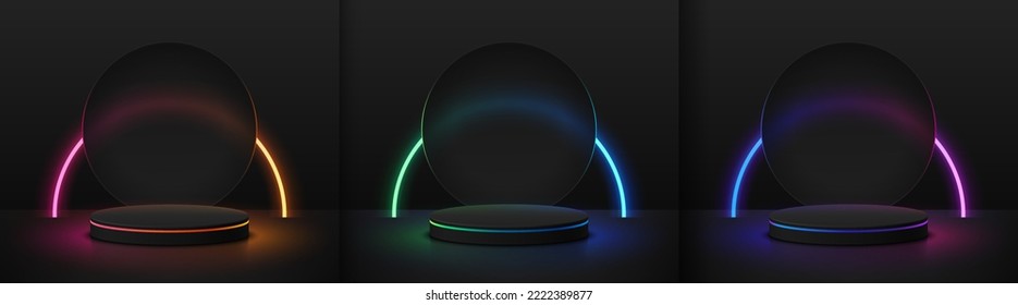 Set of realistic black 3D cylinder podium with red, green, blue glowing circle neon lighting lines and round backdrop. Futuristic minimal wall scene. Mockup products, Stage showcase, geometric forms.