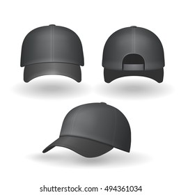 Set of realistic black baseball caps isolated on white background. Vector