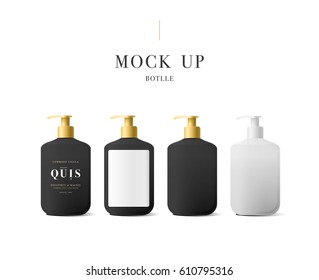 Set of realistic black bottle of liquid soap in white background. Cosmetic bottle for a cream, shampoo, oil, gel. Mock up. Design label for container. Batcher. Cosmetic products