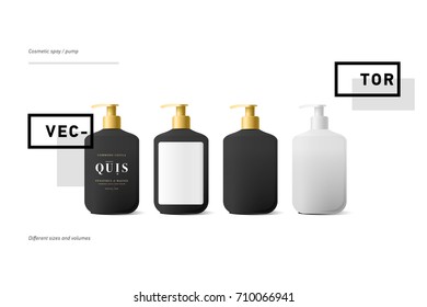 Set of realistic black bottle of liquid soap in white background. Cosmetic bottle for a cream, shampoo, oil, gel. Mock up. Design label for container. Batcher. Cosmetic products