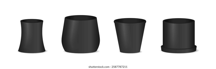 Set of realistic black ceramic flower pots. Pots of different shapes. 3D realistic glossy black flower pots with drop shadows.