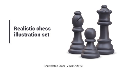 Set of realistic black chess pieces. Queen, bishop, pawn. Vector composition on white background