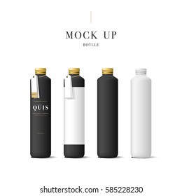 Set of realistic black cosmetic cream container. Mock up bottle. Gel, powder, balsam and oil, with golden design label. Containers for bulk mixtures.