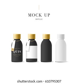 Set of realistic black cosmetic cream container. Mock up bottle. Gel, powder, balsam and oil, with golden design label. Containers for bulk mixtures.