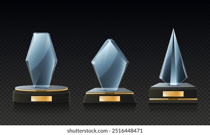 Set von realistischen schwarzen oder dunklen Bühnenprämien mit goldenen Elementen, Textbox und Glasprämie. Siegerpokal, Siegtreffer realistisches Design.