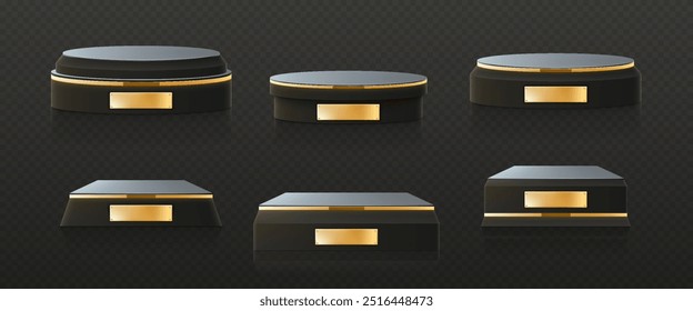 Set of realistic black or dark stage award podiums with golden elements and text box. Product presentation, award, winner trophy concept design. Platform or pedestal mockup.