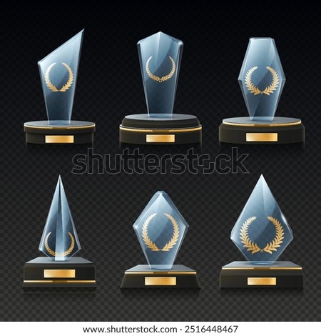 Set of realistic black or dark stage award podiums with golden elements, text box and glass award. Winner cup, victory achievement realistic design.