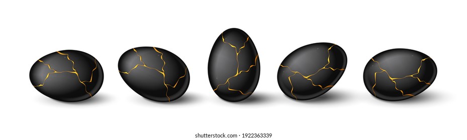 Set of realistic black eggs with gold liquid. Realistic black eggs in different positions. Vector illustration with 3d decorative objects for Easter design.