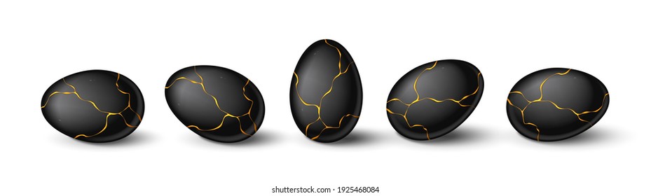 Set of realistic black eggs with gold liquid. Realistic black eggs in different positions. Vector illustration with 3d decorative objects for Easter design.