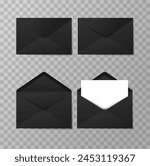 Set of realistic black envelopes in different positions. Folded and unfolded envelope backpack isolated