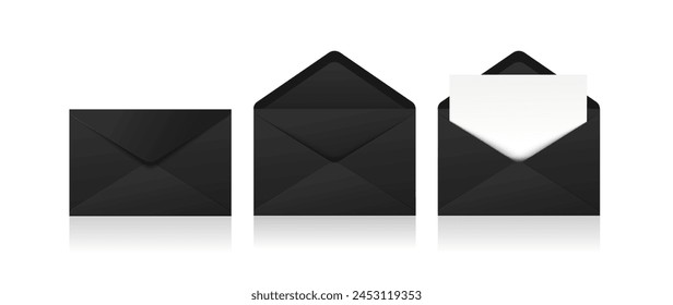 Set of realistic black envelopes in different positions. Folded and unfolded envelope backpack isolated