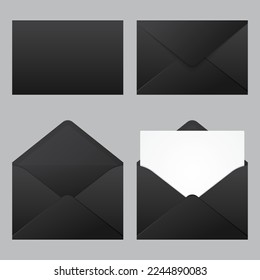 Set of realistic black envelopes mockup. Realistic black envelopes in different positions. Folded and unfolded envelope mockup. Vector illustration