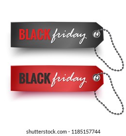 Set of realistic Black Friday tags. Red and black sale tags isolated on white background. Vector illustration.