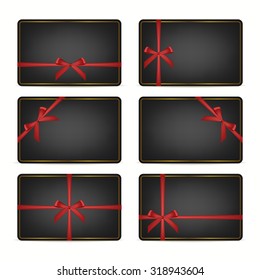 Set of realistic black gift cards with red ribbons and golden frame. Vector EPS10 illustration. 