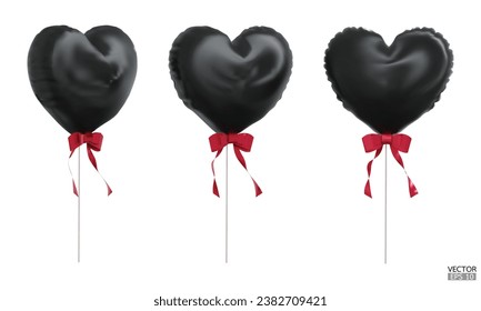 Set of realistic black heart balloons with red rbbon isolated on background. Helium black heart balloons clipart for anniversary, birthday, wedding, Christmas, card  party. 3D vector illustration