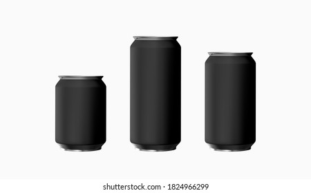 Set of realistic black iron cans. Mock up for your design. Big and small cans template. Vector illustration