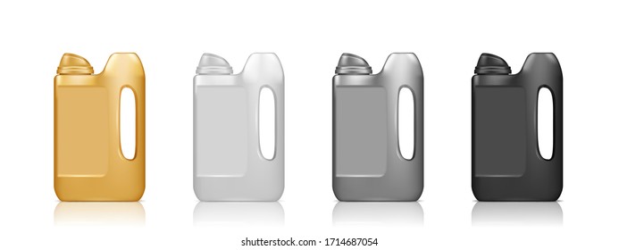 Conjunto de Realistas Black Jerry Can Mockups aisladas en fondo blanco. Diseño 3d de plástico oscuro. Medicina en blanco, estética, comida, hogar e higiene. Ilustración del vector