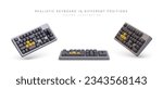 Set of realistic black keyboards with shadows. Wireless device for typing text, inputting information. Isolated image on white background. View from different sides