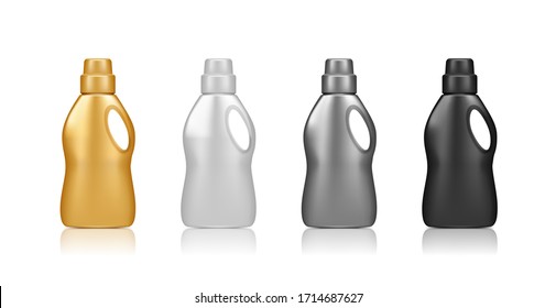 Set of Realistic Black Laundry Detergent Bottle Mockup isolated on white background. 3d plastic package design. Blank medicine, cosmetic, food, household and hygiene template. Vector illustration