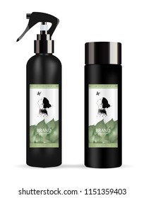 Set of realistic black package cosmetic product: 
tube cream, bottle with pump dispenser or spray, shampoo 
and liquid soap. Vector mockup with green leaves label.