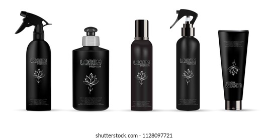 Set of realistic black package luxury cosmetic product: 
tube cream, bottle with dispenser or spray, oil, shampoo, 
gel shower and liquid soap. Vector illustration isolated on white.