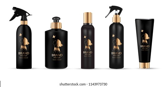 Set of realistic black package luxury cosmetic with gold logo product: 
tube cream, bottle with dispenser or spray, oil, shampoo, 
gel shower and liquid soap.