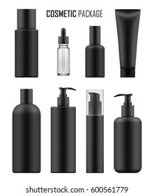Set of realistic black package for luxury cosmetic product: tube cream, bottle with pump dispenser or spray, oil, lotion or shampoo, gel shower and liquid soap. Vector mockup of isolated on white