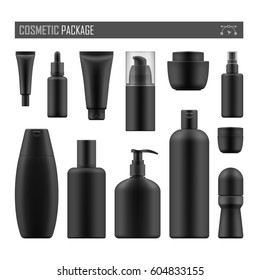 Set of realistic black package for luxury cosmetic product: tube cream, bottle with pump dispenser or spray, oil, lotion or shampoo, gel shower and liquid soap. Vector mockup of isolated on white