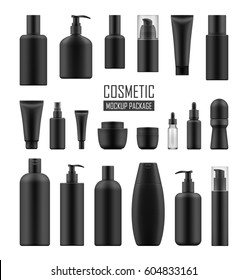 Set Of Realistic Black Package For Luxury Cosmetic Product: Tube Cream, Bottle With Pump Dispenser Or Spray, Oil, Lotion Or Shampoo, Gel Shower And Liquid Soap. Vector Mockup Of Isolated On White