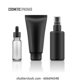 Set of realistic black package for luxury cosmetic product. Collection of blank template of container: plastic tube for cream, glass bottle for essence or serum, spray. Vector mockup isolated on white