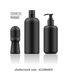 Set of realistic black package for luxury cosmetic product. Collection of blank template of plastic containers: deodorant, shampoo, body cream bottle with pump. Vector mockup on white background.