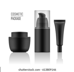 Set of realistic black package for luxury cosmetic product. Set of empty realistic plastic containers: body cream jar, tube, foam with dispenser. Vector mockup of packages on white background.