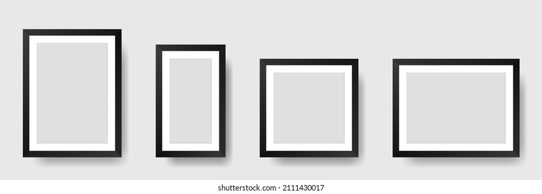 Conjunto de marcos de foto negros realistas con sombra. Montaje de marcos para fotos y fotos. Ilustración del vector