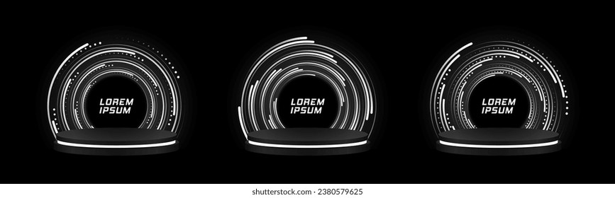 Set von realistischen schwarzen Podien mit silbernen Geschwindigkeitslinien. Luxuriöse Rundhöfe und Plattformen, Ständer und Zylinder.