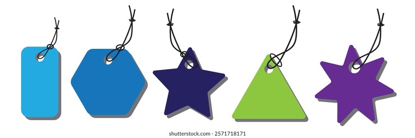 A set of realistic black price tags on a transparent background. Shaped cardboard labels with a thread. Gift labels on a rope. Vector illustration