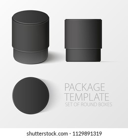 Set of realistic black round package box for products, isolated on white background, vector illustration. EPS 10