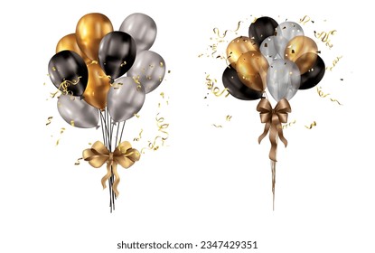 Juego de globos realistas de negro y plata con cintas y confeti. Ilustración vectorial.