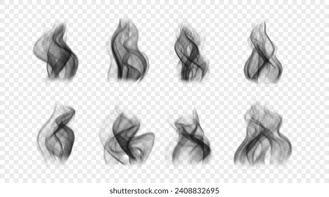 Set of realistic black smoke. Vector icons. Realistic fog effect. Design elements isolated on white backdrop