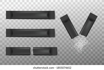 A set of realistic black stick packs with sugar or salt for food. Blank templates of package for advertisement of granulated and powder products. Vector 3d isolated illustration.