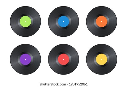 Set of realistic black vintage vinyl record isolated on white background. Mock up template for your design. Gramophone LP vinyl record with color label. Retro design. Vector illustration