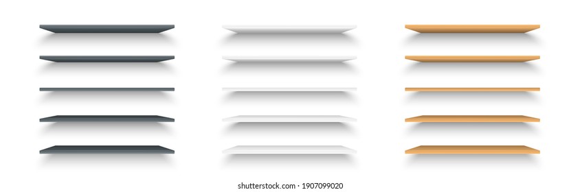 Set of realistic black, white and brown shelves on white background. Set of plastic and wooden shelves with shadow. Empty bookshelf. Modern, rectangular, horizontal wall furniture. Interior concept