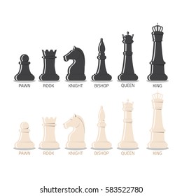 Set of realistic black and white chess pieces. Glossy wooden figure with glare.