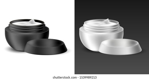 Set of realistic black and white container with cream for lotion, gel, paint. Vector isolated object on a white background. Mock up for banner, card, brochure. Product packaging illustration.