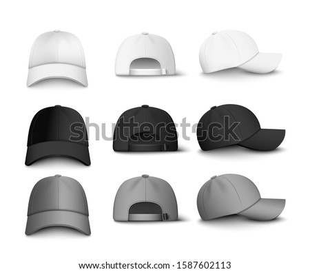 Set of realistic black, white and gray baseball cap or hat. Mockup and blank template of baseball uniform cap with front, back and right side view. Isolated vector illustrations set.