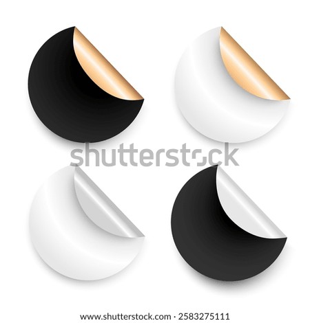 Set of realistic black and white round stickers with curled corners and gold or silver edges. Ideal for labels, branding, promotions, marketing materials, and web design elements.Vector illustration