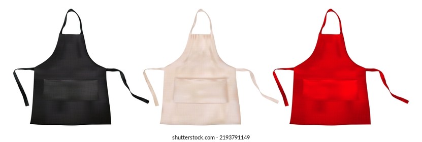 Set of realistic blank apron mockups with fabric texture isolated from background. Vector protective cooking cloth template. Restaurant chef, waiter or barman uniform mock up for branding.