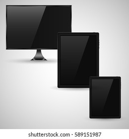 Set a realistic blank black screen computer monitor, tablet. Various modern electronic gadget on a gray background with shadow. Vector EPS10 illustration