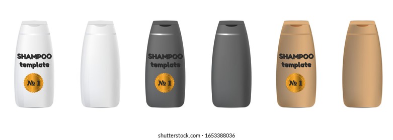 Set of realistic blank black, white and bronze isolated 3d bottles. Vector pack mockup for product design and branding. Package template shampoo. Stock vector illustration on white isolated background