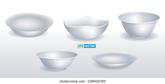 set of realistic blank ceramic plates or bowl dinner dish utensil or blank plate white meal for breakfast and dining. eps vector